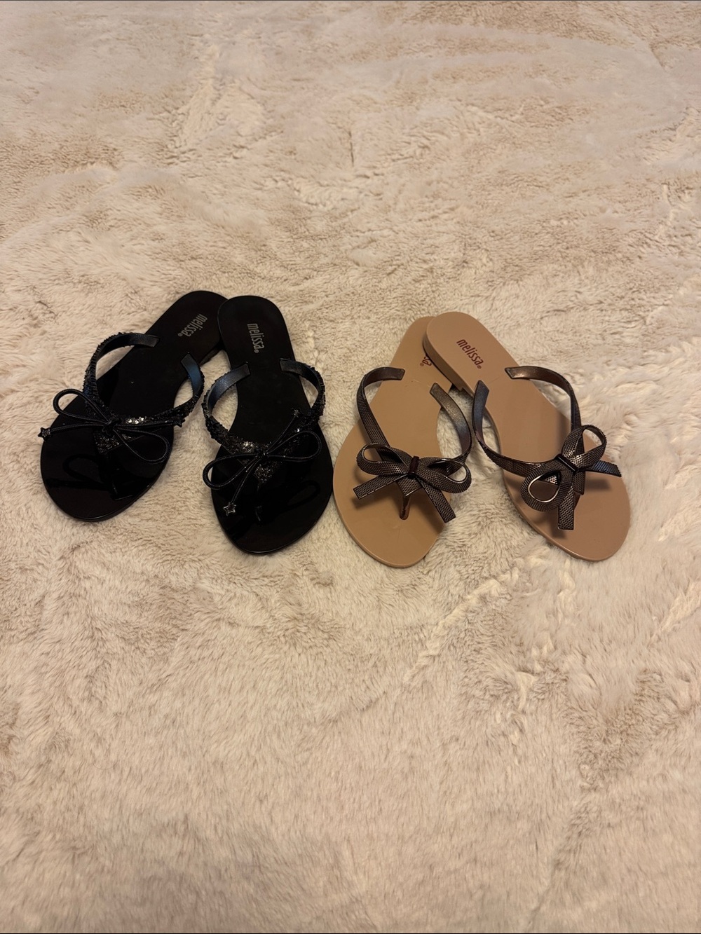 2 pairs Melissa Bow Thong Sandals in Black and Nude
